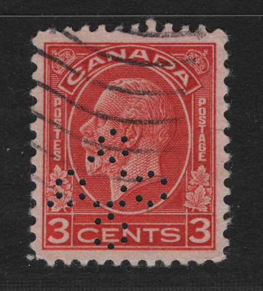 Lot 304 Canada #197c 3c Scarlet King George V, 1932 Medallion Issue, A Very Fine Used Single, Paper BABN-E, Perf 11.1x10.9, Die 2, Quebec Liquor Commission Perfin.