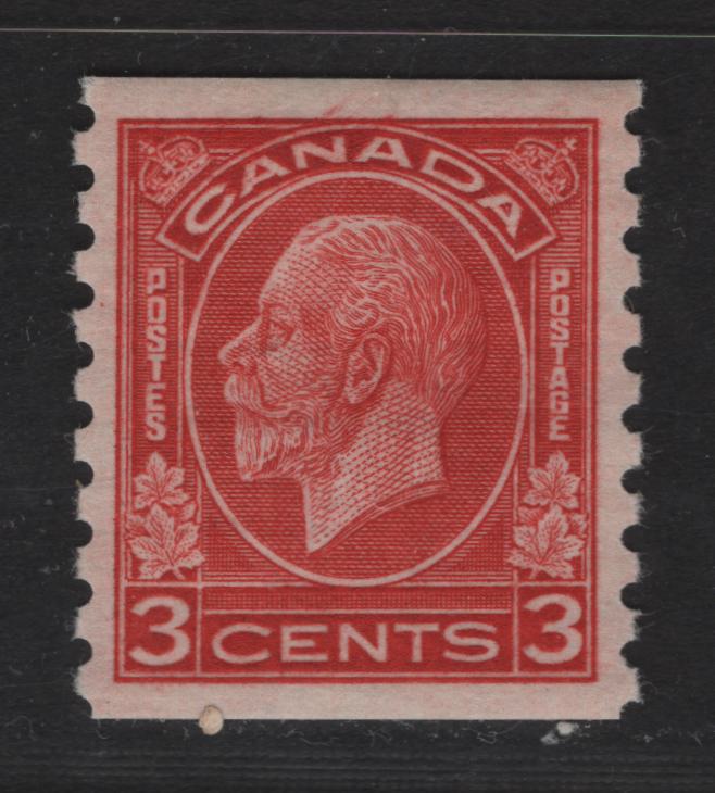 Lot 305 Canada #207 3c Scarlet King George V, 1933 Medallion Coil Issue, A VFOG Single, Paper BABN-A, Perf 8.5 Vertical, Design Sizer 18.5x21.5mm.