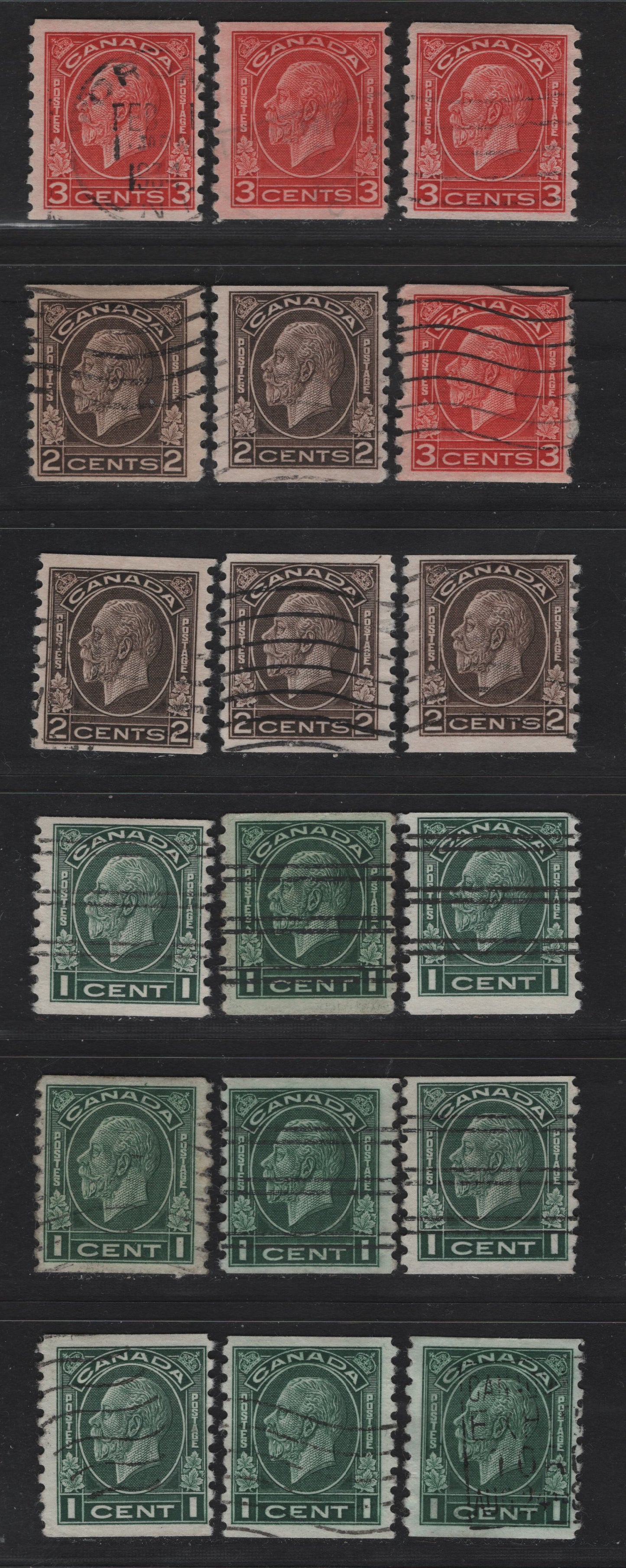 Lot 307 Canada (C) #205-207, 205xx 1c - 3c Green - Scarlet King George V, 1933 Medallion Coil Issue, 18 Fine/Very Fine Used Singles, Various Shades, Printed On Different Papers