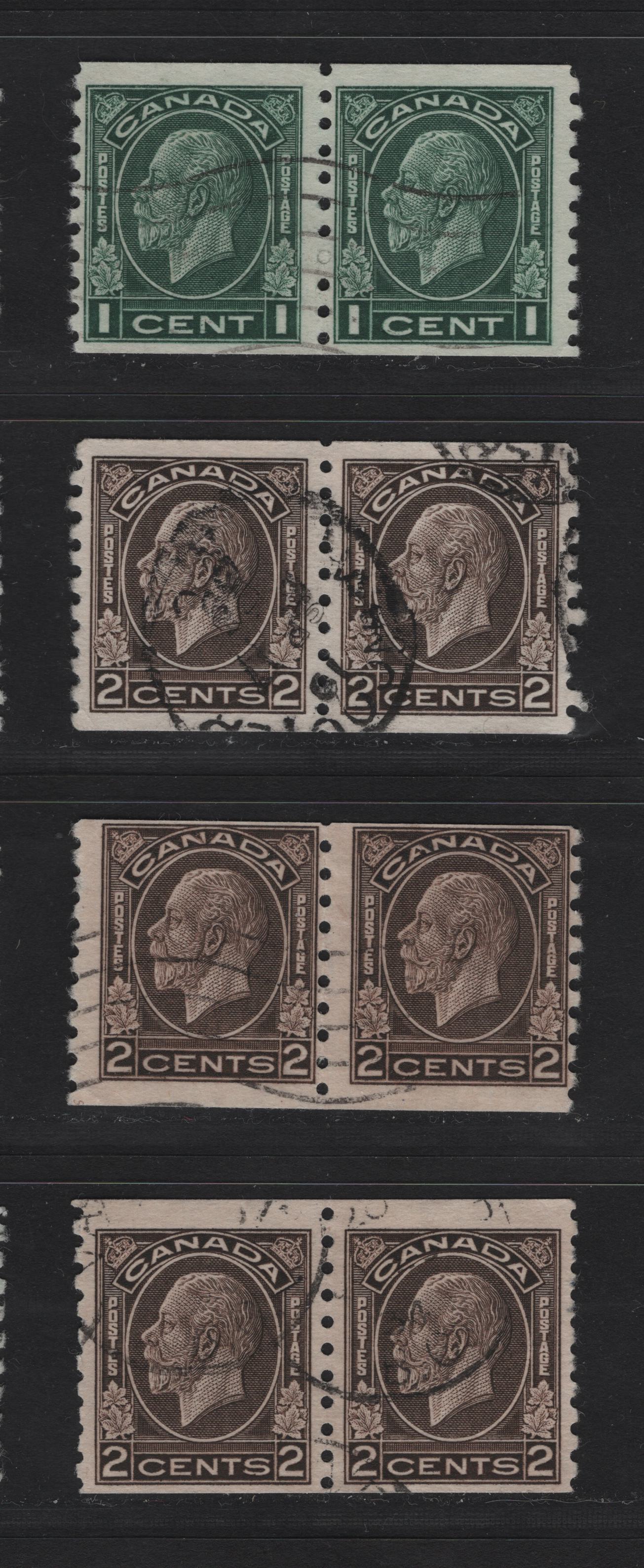 Lot 308 Canada #205-206 1c - 2c Deep Bluish Green - Dark Yellowish Brown King George V, 1933 Medallion Coil Issue, 3 Fine/Very Fine Used Pairs, BABN-A Papers, Different Shades