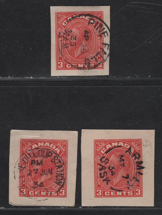 Lot 310 Canada #U48 3c Red King George V, 1933 Medallion Issue, 3 Very Fine Used Cut Squares, The Standard #8 Envelope With SON Cancels For Riviere Du Loup Station (June 29 1934), Armley, SK (May 7 1934) & Pine Falls (April 25, 1935)