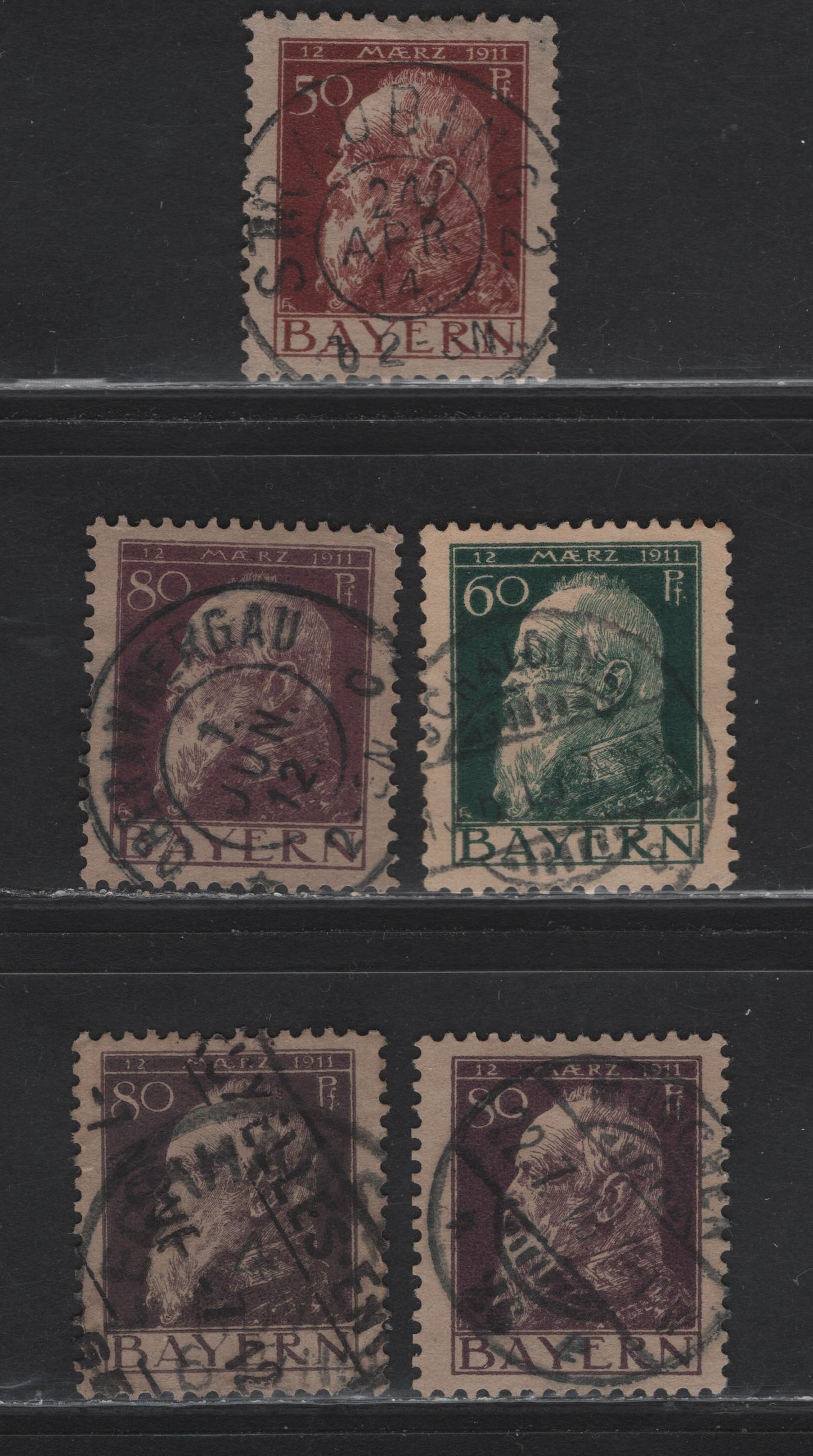 Lot 31 Bavaria SC#84-85(Michel 84II, 83II,85I,85II) 50pf Claret On Grey Brown, 60pf Dark Green On Buff, 80pf Violet On Grey Brown, 1911 Prince Regent Leopold Issue, 5 VF Used Singles Types I & II, W/ SON Town Cancels