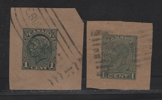 Lot 311 Canada #PB23a/W24a & PB26/W27a 1c Green King George V, 1933 Medallion Issue, 2 Very Fine Used Cut Squares, Postal Bends Or Wrappers With The Usual Roller Cancel