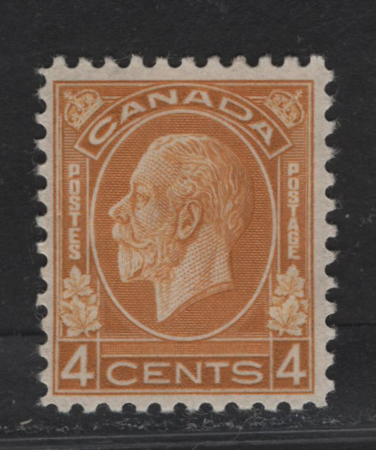 Lot 312 Canada  (C) #198 4c Yellow Ochre King George V, 1932 Medallion Issue, A VFOG Single, BABN-W Paper, Perf 10.75, 18.25x22mm.