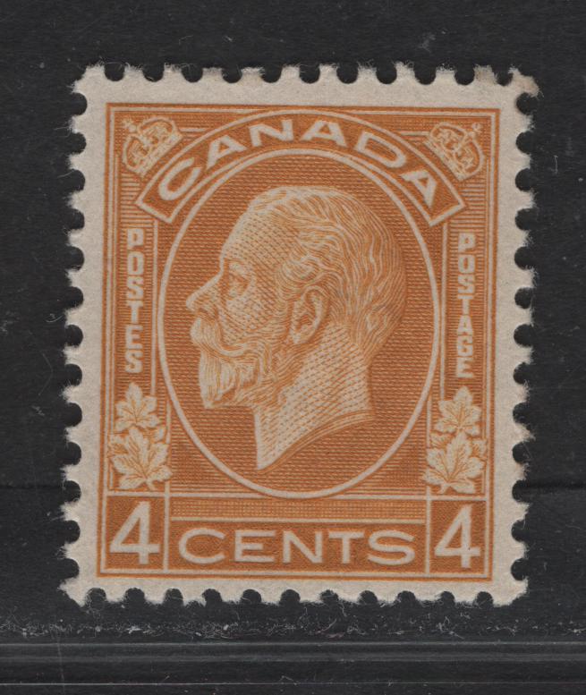 Lot 313 Canada #198 4c Ochre Yellow King George V, 1932 Medallion Issue, A VFOG Single, BABN-VV Paper, Perf 10.75x10.75, 18.25x22mm.