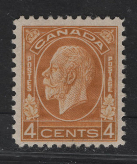 Canada (C)  #198 4c Ochre Yellow King George V, 1932 Medallion Issue, A FOG Single, BABN-VV Paper, Perf 10.75x10.75, 18.4x22mm.
