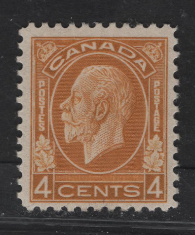 Lot 314 Canada (C)  #198 4c Ochre Yellow King George V, 1932 Medallion Issue, A FOG Single, BABN-VV Paper, Perf 10.75x10.75, 18.4x22mm.