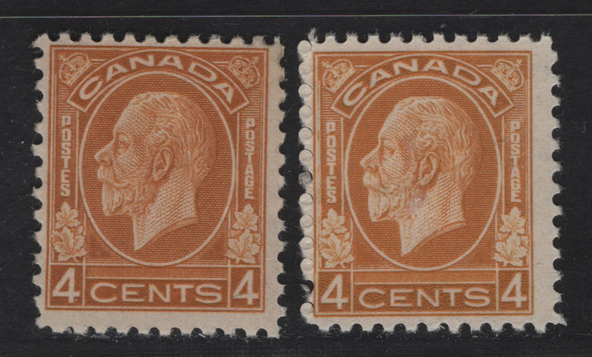 Lot 315 Canada (C) #198 4c Deep Ochre & Yellow Ochre King George V, 1932 Medallion Issue, 2 FOG Singles, BABN-B Paper, Perf 10.75, 18.4x22mm.