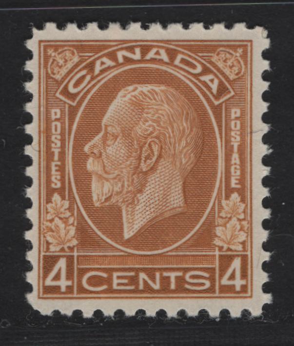 Lot 316 Canada #198i 4c Brownish Ochre King George V, 1932 Medallion Issue, A VFNH Single, BABN-II Paper, Perf 10.75, 18.4x22mm.