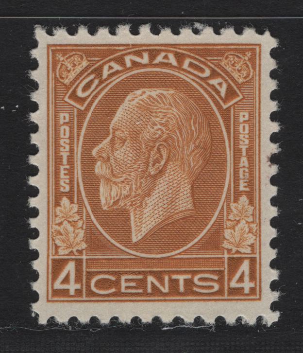 Lot 318 Canada #198i 4c Bright Brownish Ochre King George V, 1932 Medallion Issue, A VFOG Single, BABN-II Paper, Perf 10.75, 18.4x22mm.