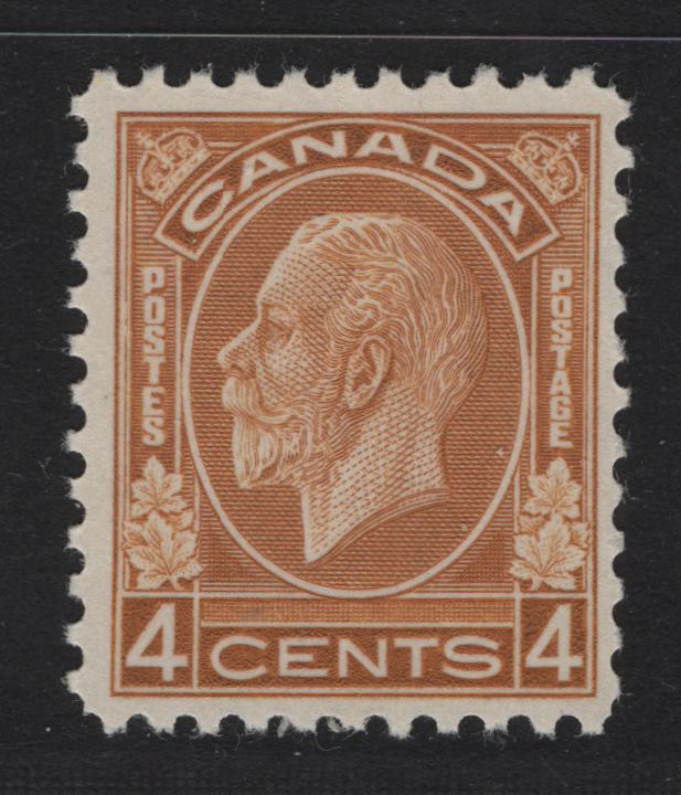Lot 319 Canada #198i 4c Pale Brownish Ochre King George V, 1932 Medallion Issue, A FOG Single, BABN-II Paper, Perf 10.9x10.75, 18.25x22.2mm.