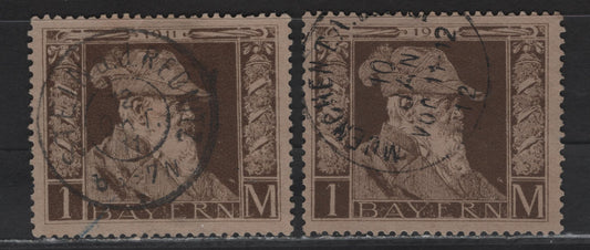 Lot 32 Bavaria SC#86(Michel 86I) 1m Brown On Grey Brown, 1911 Prince Regent Leopold Issue, 2 F Used Singles Type 1, Both With SON Postal Cancels