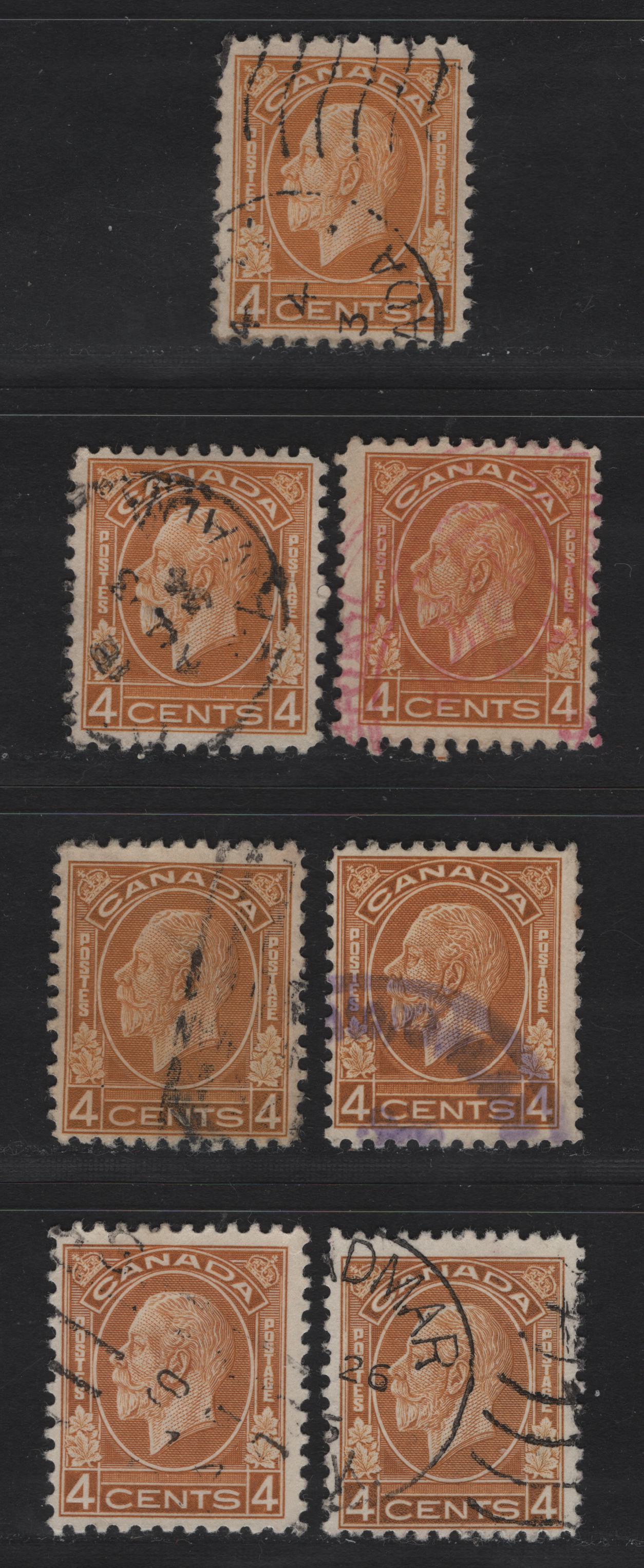 Lot 321 Canada #198-i 4c Ochre - Brownish Ochre King George V, 1932 Medallion Issue, 7 Fine Used Singles, Shade Group Showing The Range Of Shades, Includes 3 Variants Of The Ochre Shade & 4 Of the Brownish Ochre Shade