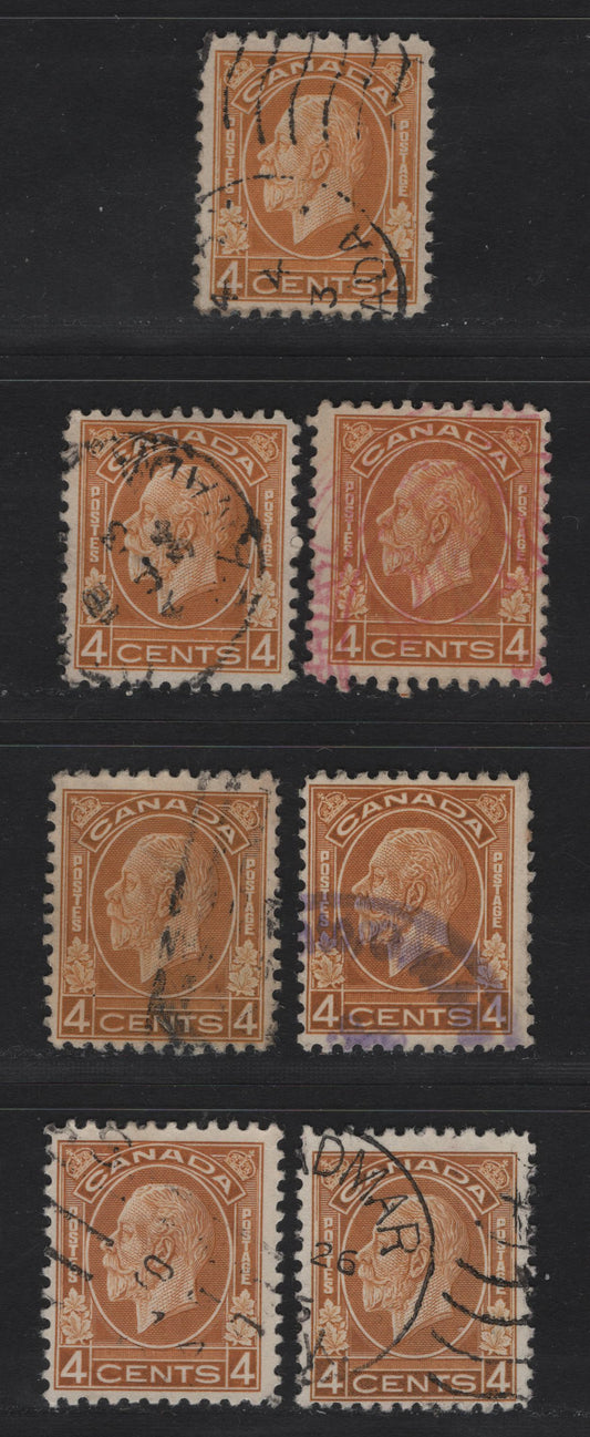 Lot 321 Canada #198-i 4c Ochre - Brownish Ochre King George V, 1932 Medallion Issue, 7 Fine Used Singles, Shade Group Showing The Range Of Shades, Includes 3 Variants Of The Ochre Shade & 4 Of the Brownish Ochre Shade