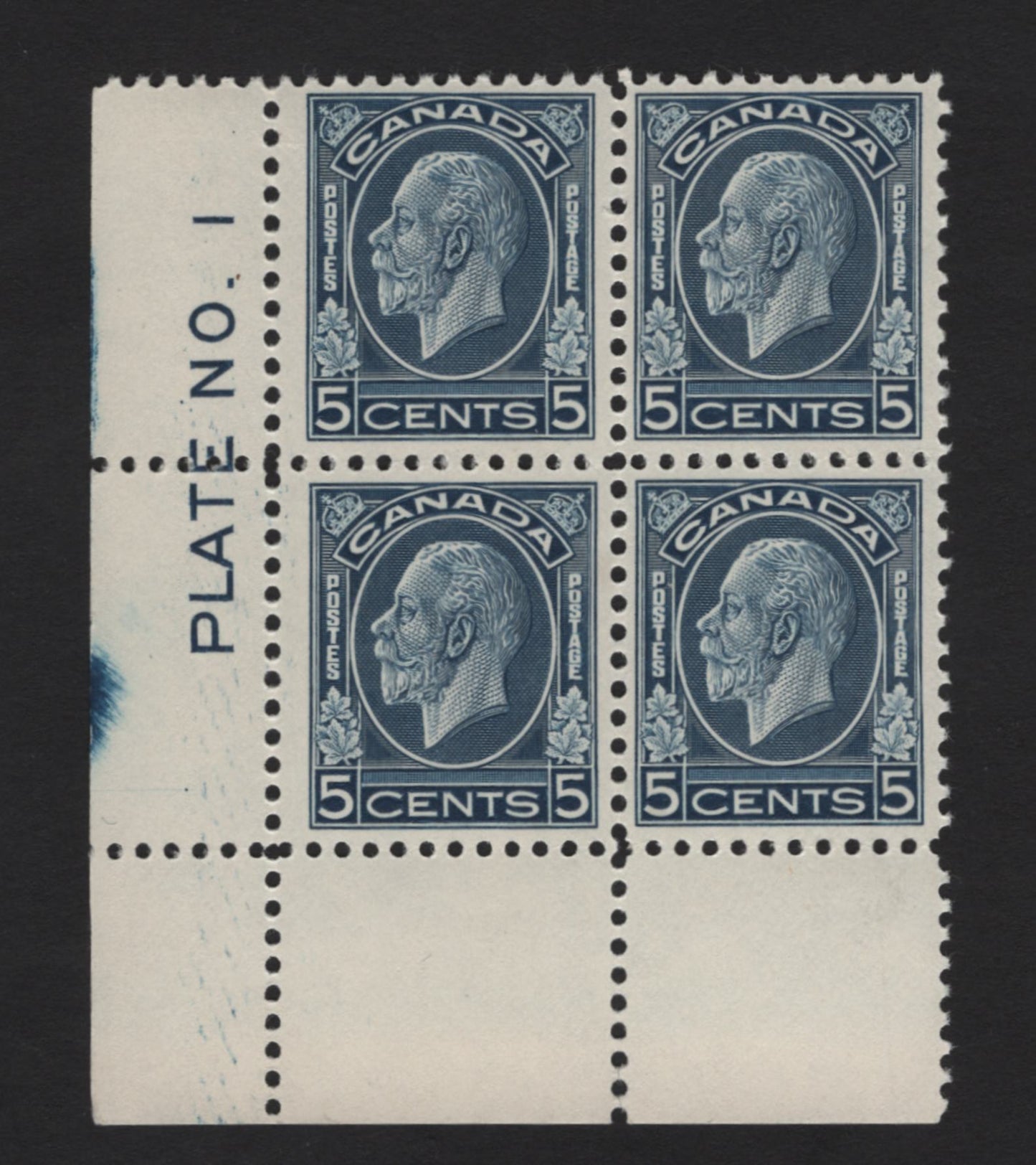 Lot 322 Canada #199 5c Blue King George V, 1932 Medallion Issue, A VFOG LL Block Of 4, Plate 1, BABN-U Paper, Perf 10.75, NH on 3 Stamps.