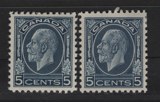 Lot 324 Canada #199 5c Deep Dull Blue - Dull Blue King George V, 1932 Medallion Issue, 2 VFOG Singles, BABN-WW & BABN-D Papers, Perf 10.75, 18.25x22mm.