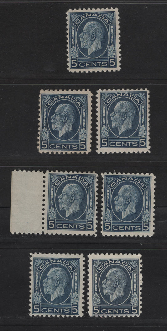 Lot 325 (C) Canada #199 5c Blue - Bright Blue King George V, 1932 Medallion Issue, 7 FOG Singles, BABN-WW, BABN-B, BABN-D, BABN-PP, BABN-XX & BABN-VV Papers, Perfs 10.75 or 10.7, 18.25x22mm.