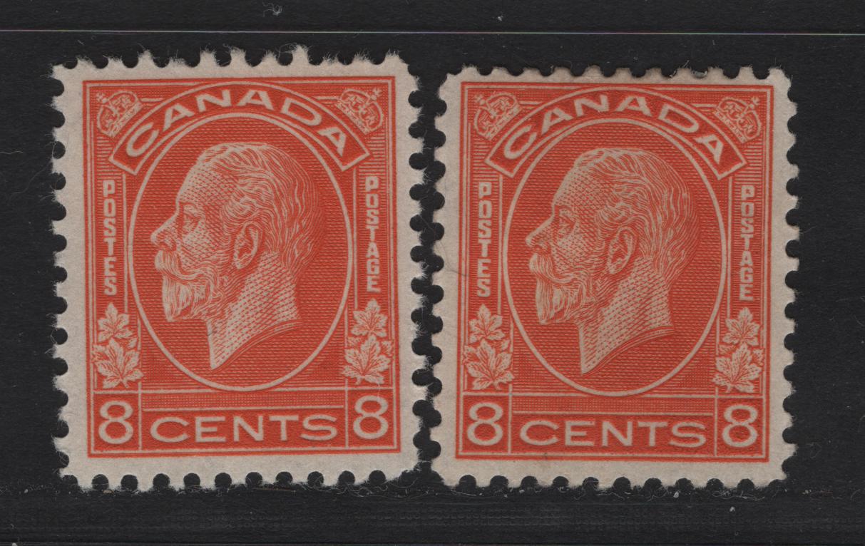 Lot 327 Canada #200 8c Red Orange King George V, 1932 Medallion Issue, 2 FOG Singles, BABN-P & BABN-VV Papers, Perf 10.75, 18.4x22mm.