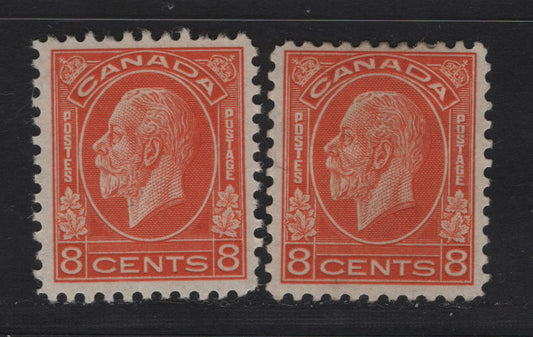 Lot 327 Canada #200 8c Red Orange King George V, 1932 Medallion Issue, 2 FOG Singles, BABN-P & BABN-VV Papers, Perf 10.75, 18.4x22mm.
