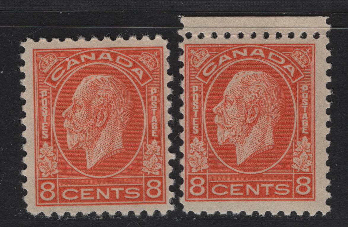 Lot 330 Canada (C) #200 8c Orange & Pale Orange King George V, 1932 Medallion Issue, 2 FOG Singles, BABN-P Papers, Perf 10.75, 18.4x22mm.