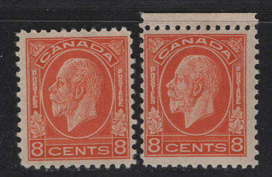 Lot 330 Canada (C) #200 8c Orange & Pale Orange King George V, 1932 Medallion Issue, 2 FOG Singles, BABN-P Papers, Perf 10.75, 18.4x22mm.