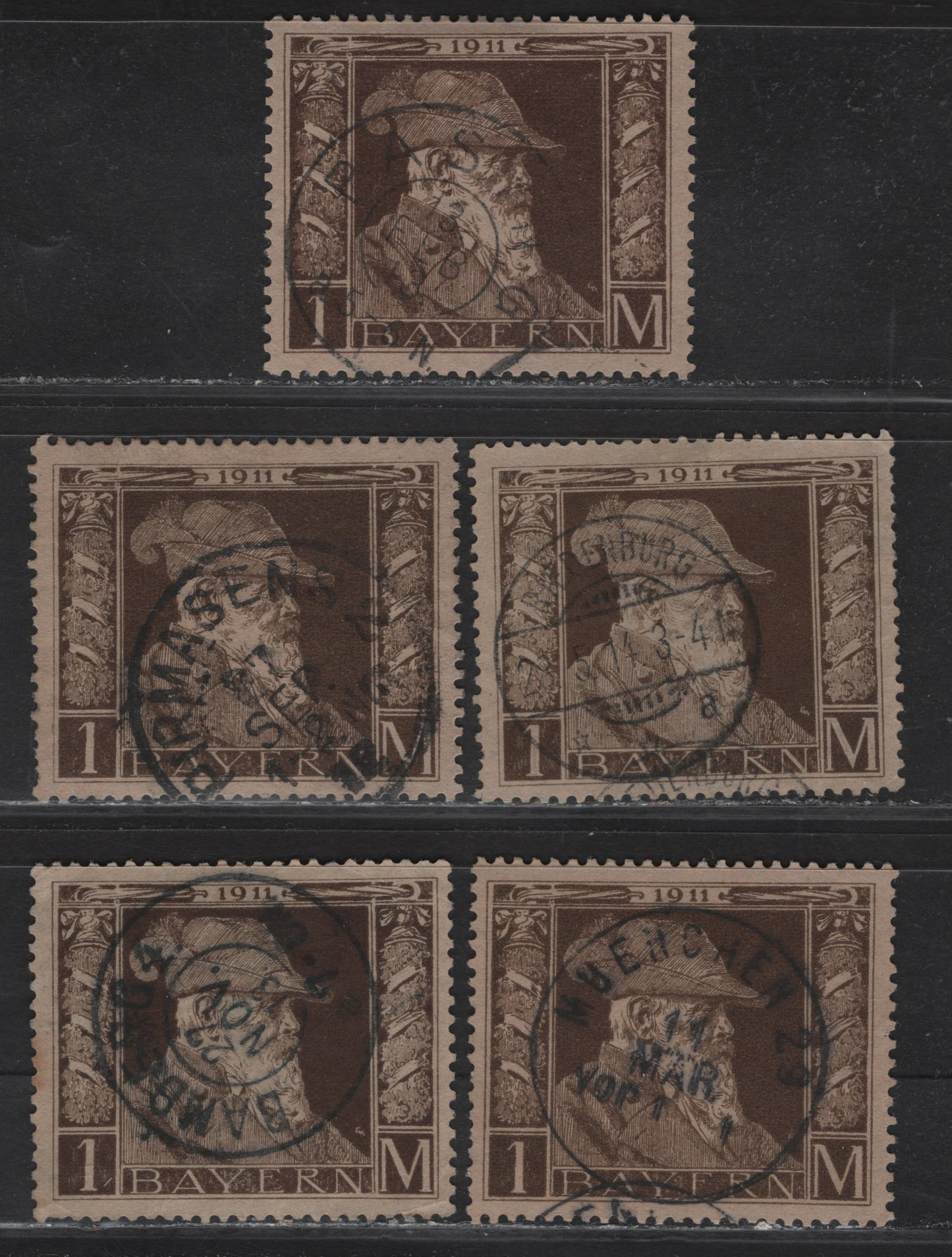Lot 33 Bavaria SC#86(Michel 86II) 1m Brown On Grey Brown, 1911 Prince Regent Leopold Issue, 5 F&VF Used Singles Type II, Differenct SON Cancels, Including One Of The En-Masse Cancels Described In Scott