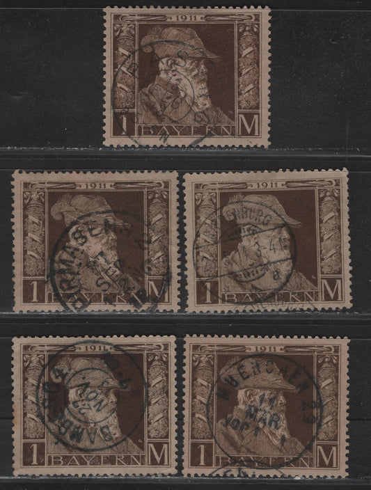 Lot 33 Bavaria SC#86(Michel 86II) 1m Brown On Grey Brown, 1911 Prince Regent Leopold Issue, 5 F&VF Used Singles Type II, Differenct SON Cancels, Including One Of The En-Masse Cancels Described In Scott