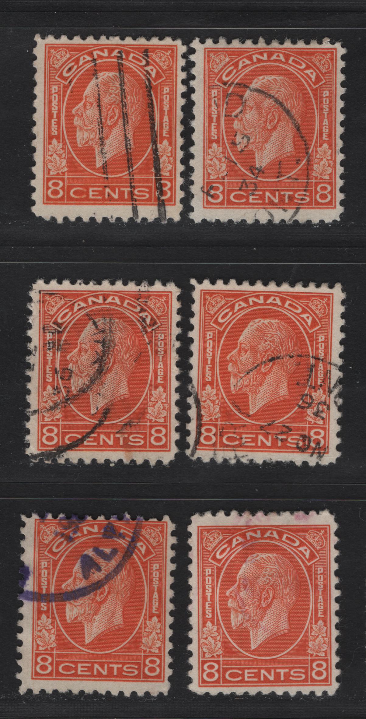 Lot 334 Canada (C) #200 8c Red Orange King George V, 1932 Medallion Issue, 6 Fine Used Singles, Slightly Different Shades, Different Papers