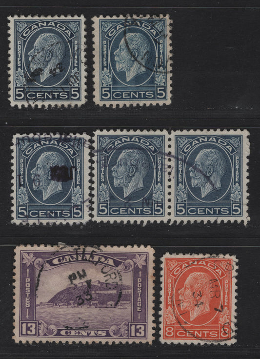 Lot 343 Canada #199-200,i 5c - 8c Blue - Rosy Milky Purple King George V, 1932 Medallion Issue, 6 Very Fine Used Singles & Pair, Unchecked As To Papers & Perfs