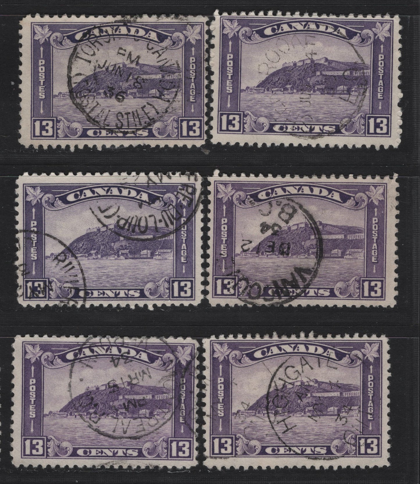 Lot 345 Canada #201-i 13c Bluish Slate Violet - Rosy Milky Purple Quebec Citadel, 1932 Medallion Issue, 6 Fine Used Singles, Dated CDS Cancels Including Riviere Du Loup,Sherbrooke, Toronto, Vancouver, Montreal & Highgate