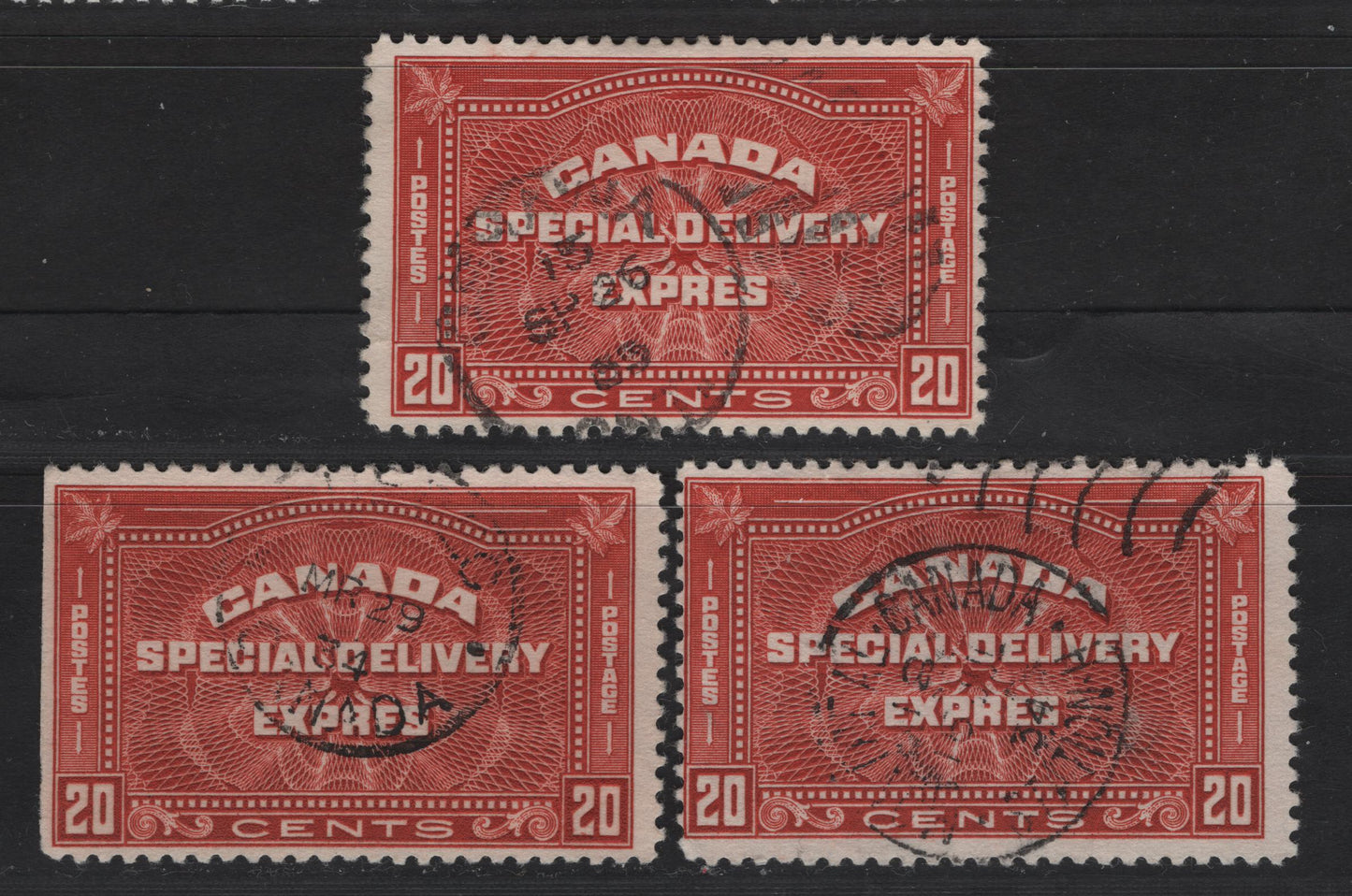 Lot 350 Canada #E5 20c Terracotta - Brownish Vermillion Special Delivery, 1932 Special Delivery Issue, 3 Fine Used Singles, BABN-YY & BABN-AAA Papers, Perfs 10.8x10.9 & 10.9