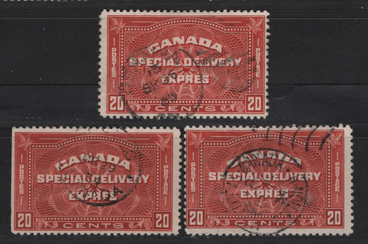 Lot 350 Canada #E5 20c Terracotta - Brownish Vermillion Special Delivery, 1932 Special Delivery Issue, 3 Fine Used Singles, BABN-YY & BABN-AAA Papers, Perfs 10.8x10.9 & 10.9