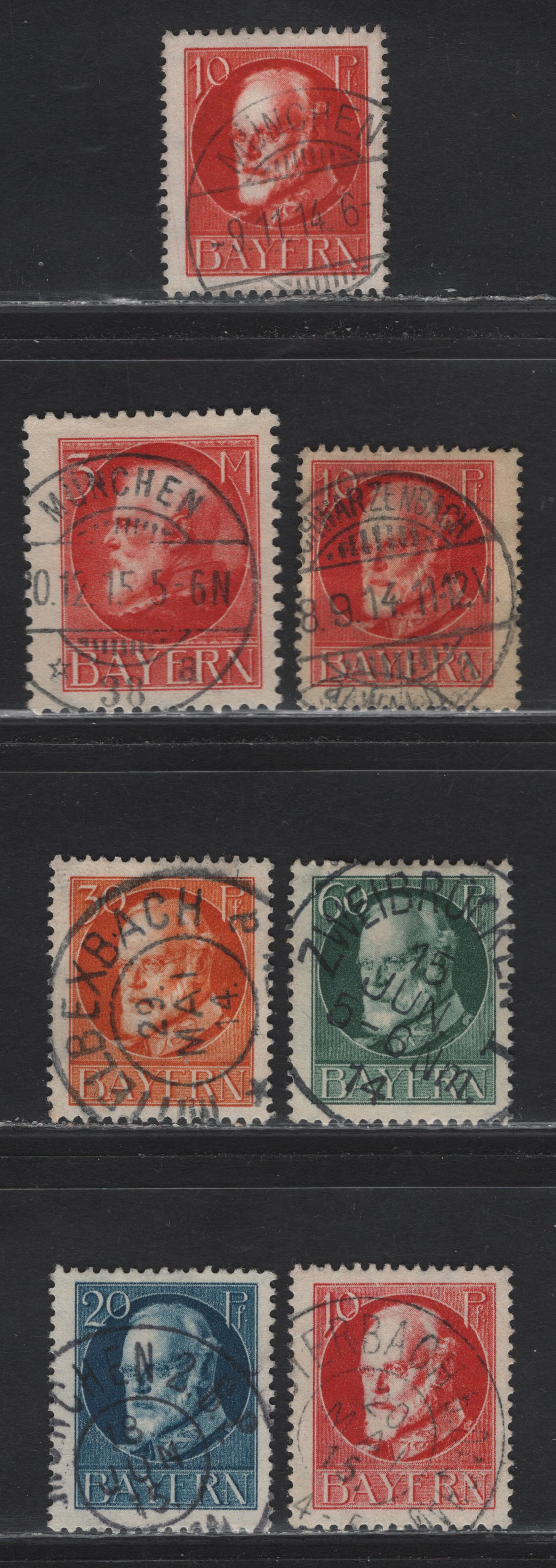 Lot 35 Bavaria SC#98c, 102a, 104a, 107a, 111a(Michel 96Ia, 96Ib,97Ia,99I,102Ia,106I) 10pf Vermilion - 3m Scarlet, 1914-1920 King Ludwig III Issue, 7 F&VF Used Singles Pre-War Printings With SON Cancels All Prior To Dec. 31, 1915