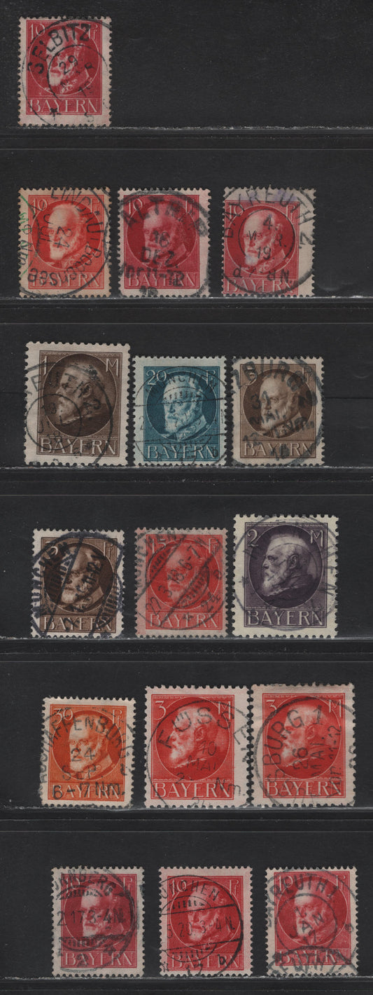 Lot 36 Bavaria SC#95, 98, 99, 100, 102, 104, 109, 110, 111 3pf Brown - 3pf Scarlet, 1914-1920 King Ludwig III Issue, 16 F&VF Used Singles Wartime Printings, All Post 1915 SON Town Cancels, May Incl. Few Pre War Printings