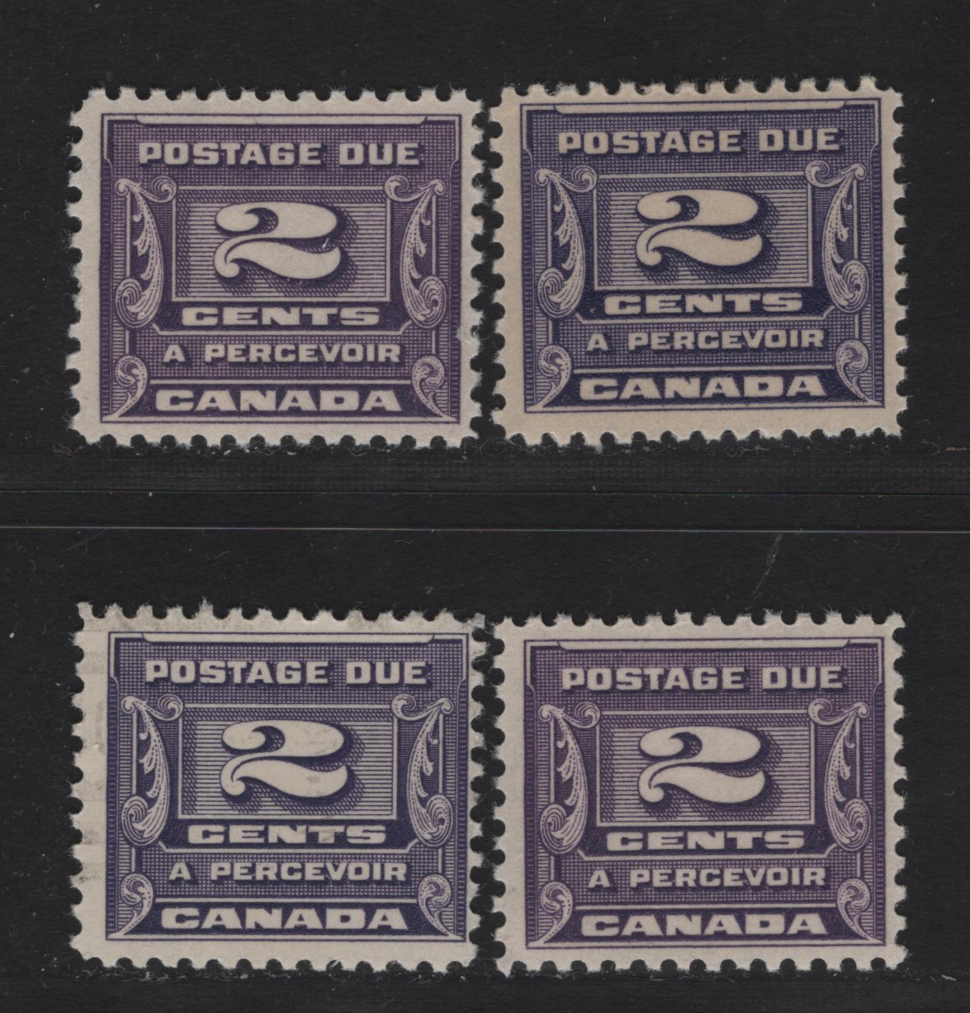 Lot 363 Canada #J12 2c Bluish Violet - Dull Rosy Violet Numeral, 1933-1934 Third Postage Due Issue, 4 FOG Singles, BABN-JJ & BABN-BB Papers, Perfs 10.9x10.75 & 10.8, 21.9x18.5mm & 21.75x18.5mm .