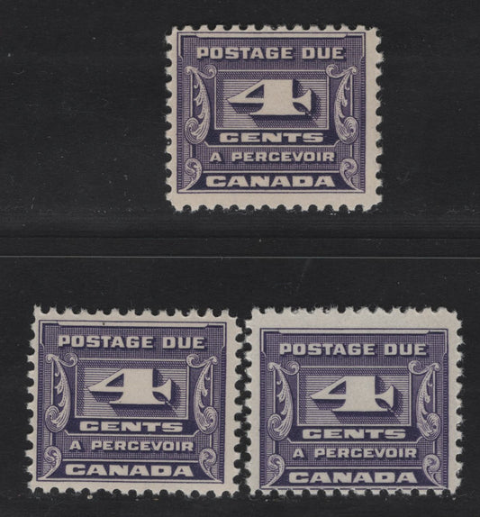 Lot 368 Canada (C) #J13 4c Bluish Violet Numeral, 1933-1934 Third Postage Due Issue, 3 FNH Singles, BABN-JJ & BABN-II Papers, Perfs 10.9x11.75, 10.75 & 10.9x10.8, 21.9x18.5mm.