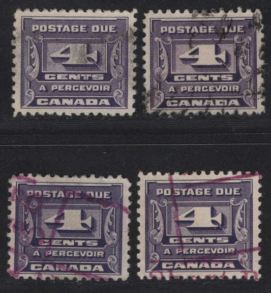 Lot 369 Canada #J13 4c Dull Violet, Bluish Violet & Pale Bluish Violet Numeral, 1933-1934 Third Postage Due Issue, 4 Very Fine Used Singles, All Different Shades
