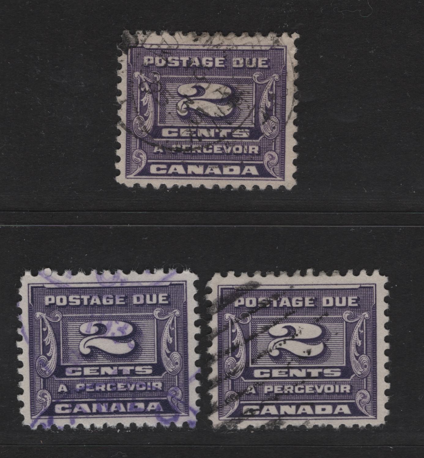 Lot 375 Canada #J12 2c Bluish Violet - Milky Violet Numeral, 1933-1934 Third Postage Due Issue, 3 Fine/Very Fine Used Singles, Perfs 11, 10.8 & 10.9x10.8, 21.75x18.5mm & 21.9x18.5mm