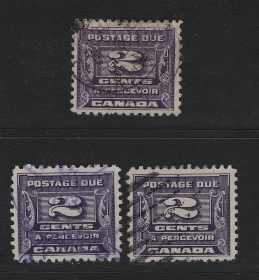 Lot 375 Canada #J12 2c Bluish Violet - Milky Violet Numeral, 1933-1934 Third Postage Due Issue, 3 Fine/Very Fine Used Singles, Perfs 11, 10.8 & 10.9x10.8, 21.75x18.5mm & 21.9x18.5mm