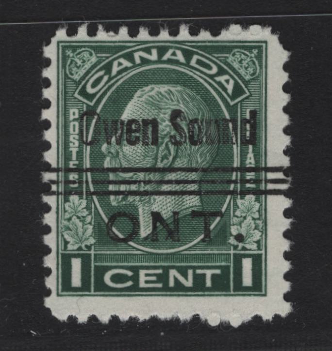Lot 379 Canada (C)  Walburn#1-195 1c Dark Green King George V, 1930-1931 Arch/Leaf Issue,  Fine Used Single, Owen Sound Style 1 Precancel