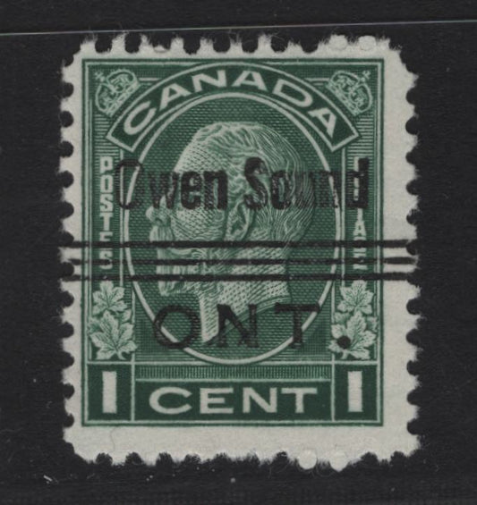 Lot 379 Canada (C)  Walburn#1-195 1c Dark Green King George V, 1930-1931 Arch/Leaf Issue,  Fine Used Single, Owen Sound Style 1 Precancel