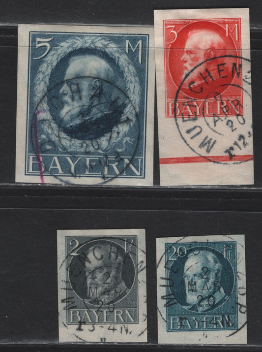 Lot 38 Bavaria SC#117, 123, 132, 133 2pf Grey - 5m Deep Blue, 1916-1920 Imperf King Ludwig III Issue, 4 VF Used Singles All With 1920 SON Dachau And Munich Cancels
