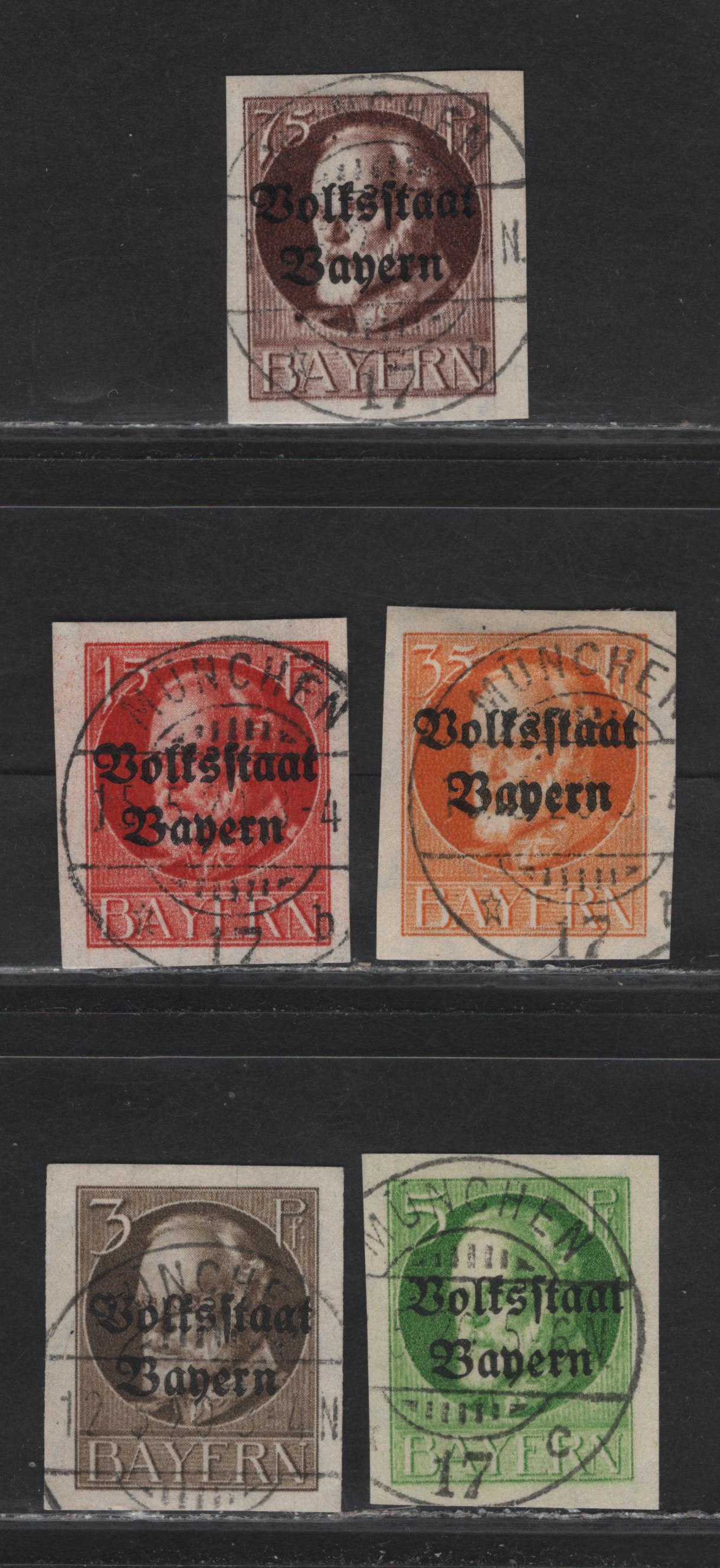 Lot 39 Bavaria SC#156, 157, 160, 164, 168 3pf Olive Brown - 75pf Red Brown, 1919 Plebiscite Overprints Imperf Issue, 5 VF Used Singles All With SON Munich Cancels All With Slightly Different Dates, These May Be Favor Cancels But Appear Legitimate