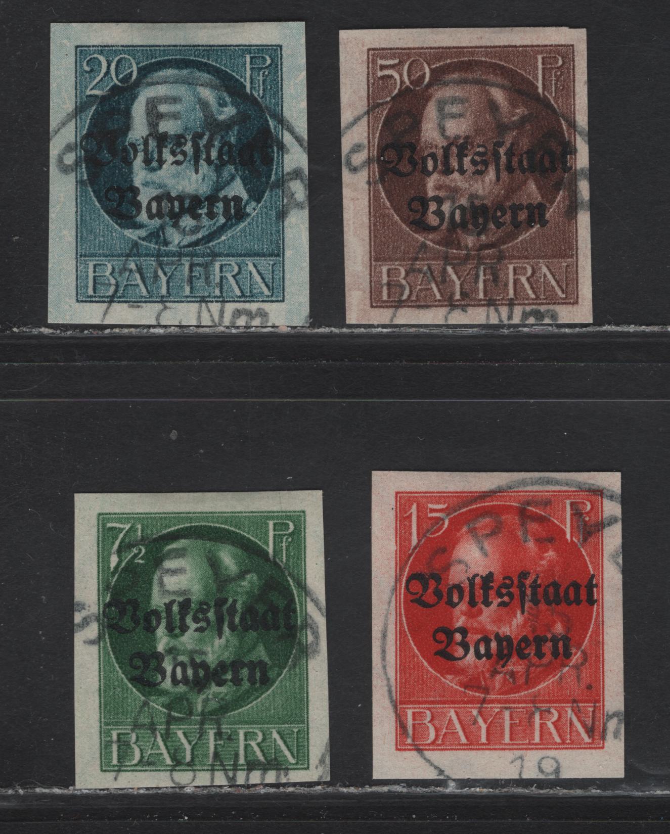 Lot 40 Bavaria SC#158,160,161, 166 7 1/2 Deep Green - 50pf Red Brown, 1919 Plebiscite Overprints Imperf Issue, 4 VF Used Singles All With SON April 1919 Speyer CDS Cancels