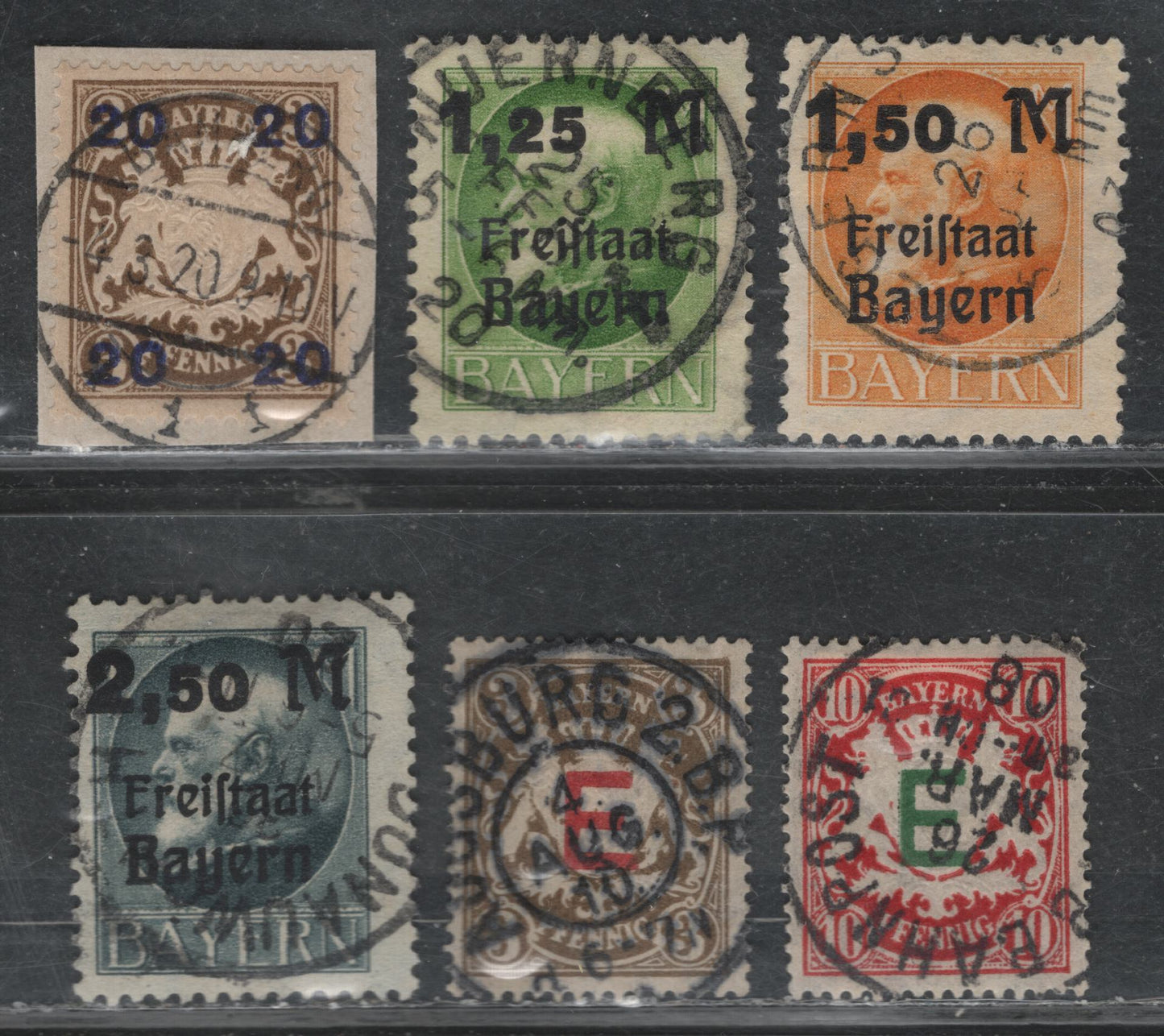 Lot 43 Bavaria SC#231-233,237,O1,O3 1.25m On 1m Yellow Green - 10pf Carmine, 1919 Surcharges On Free State Overprints - 1908 Official Stamps, 6 F&VF Used Singles All With SON Cancels