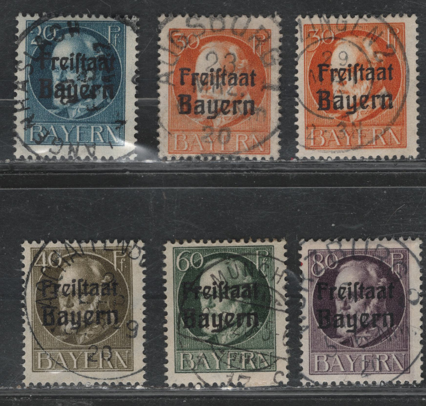 Lot 45 Bavaria SC#198-201,203,205 20pf Blue, 30pf Orange, 40pf Olive Green, 60pf Dark Green, 80pf Violet, 1919-20 Free State Overprints Issue, 6 F Used Singles All With SON Town Cancels