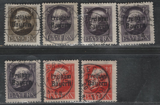 Lot 47 Bavaria SC#206-208 1m Olive Brown, 2m Violet, 3m Scarlet, 1919-1920 Free State Overprints Issue, 7 F&VF Used Singles All With Different SON CDS Cancels