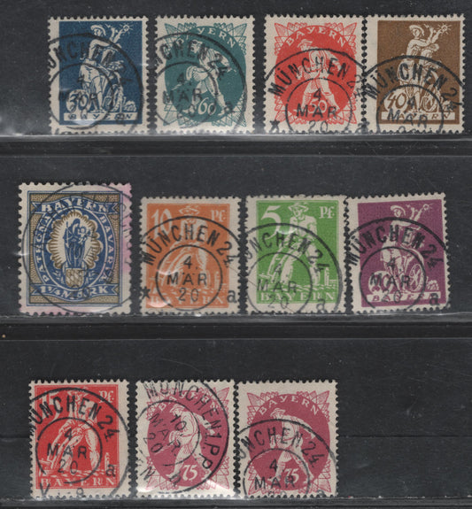 Lot 49 Bavaria SC#238-246,248 5pf Yellow Green - 1/4m Ultra & Olive Bistre, 1920 Plowman, Sower & Other Allegorical Figure Issue, 11 F&VF Used Singles All With SON Cancels
