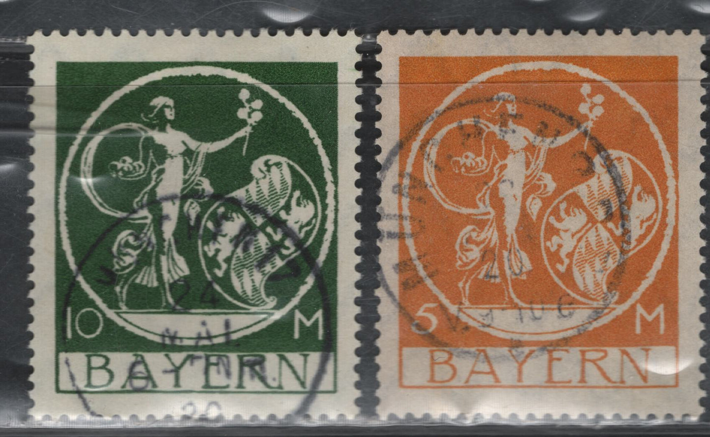 Lot 51 Bavaria SC#252-253 5m Orange & 10m Deep Green, 1920 Allegorical Figures Issue, 2 VF Used Singles With SON Munich Cancels