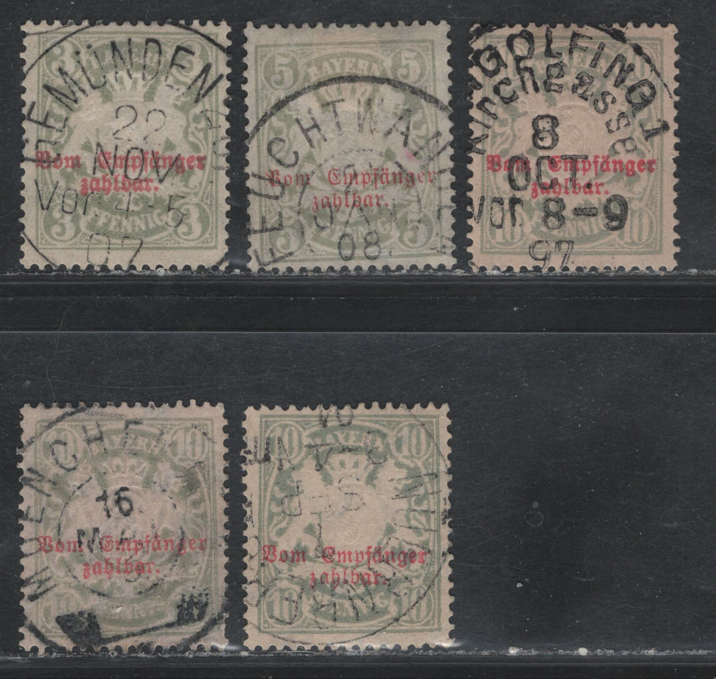 Lot 52 Bavaria SC#J11-J12, J13a 3pf Grey - 10pf Grey, 1888-1903 Postage Due Issue, 5 VG&F Used Singles On White & Rose Tinted Papers, Wmk Horizontal Wavy Lines. All With SON CDS Cancels